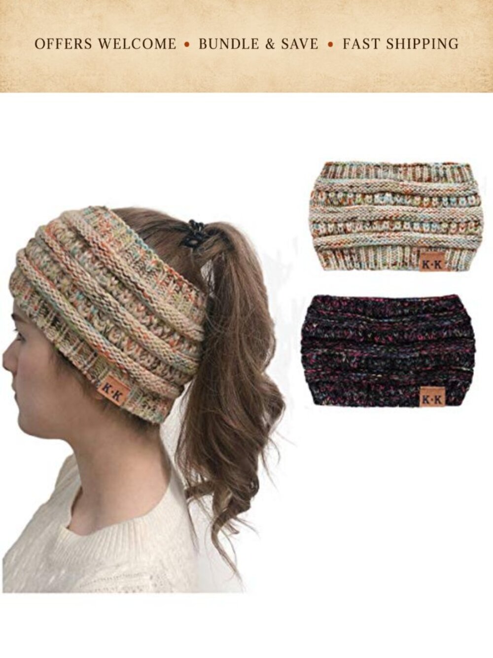 Knit Beanie Headband Ear Warmer Ponytail Messy Bun Winter Hat Acrylic